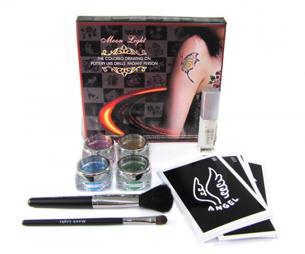 Body Temporary Tattoo Kit Moon Light 4 colors 10 Stencils