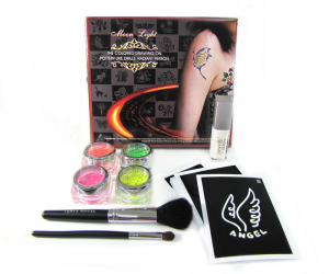 Body Temporary Tattoo Kit Moon Light 4 colors 10 Stencils Fluo.