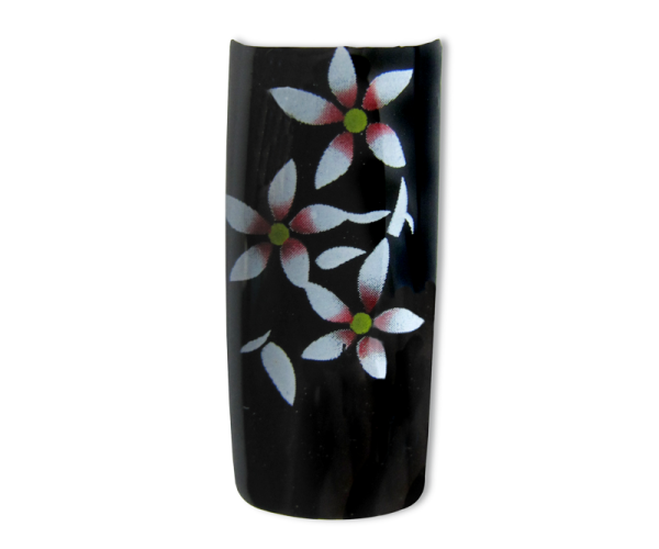 Decorative Nail Tips Half Well Flowers White/Red on Black (70) (